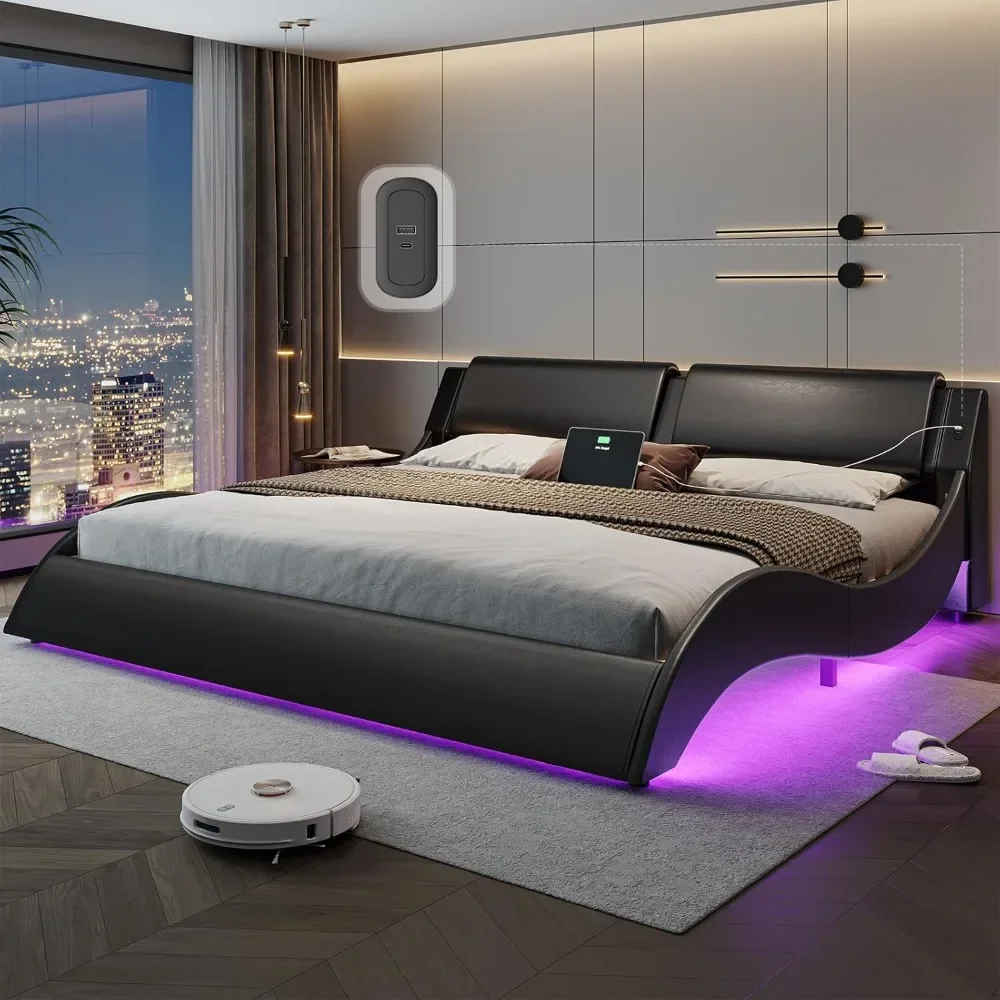 California King Bed Frame with Headboard and Led Lights, Led Bed Frame with USB,No Box Spring Needed,Bed Frame