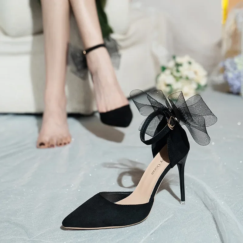 Women Shoes Pointed Toe Ankle Buckle Strap Stilettos Ladies High Heels Party Shoes Net Yarn Big Bow Heel Pumps Chaussure Femme