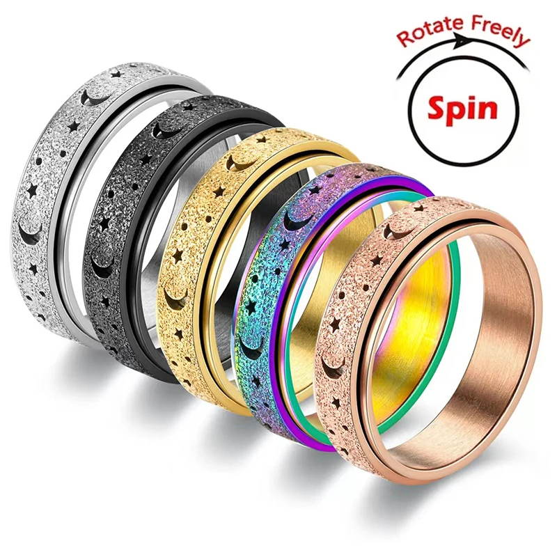 

Stainless Steel Spinner Ring Anxiety Rings For Women Men Hollow Star Moon Rotatable Frosted Ring Fidget Ring Stress Relief Rings