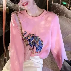 Women's Pullover Solid Color Round Neck Animal Printed Sweatshirts Autumn and Winter 2023 New Long Sleeve Loose Beading Tops