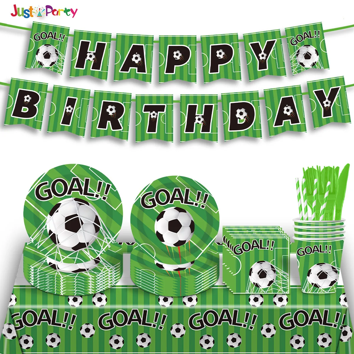 

Football Theme Birthday Disposable Party Cutlery Paper Plates Paper Cups Paper Towels Pull Flag Atmosphere Decoration Set WJ117