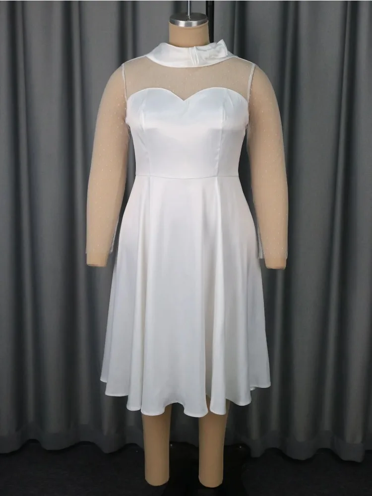 elegant-white-women's-sheer-polka-dot-dress-with-bow-neckline-long-sleeves-for-bridal-showers-church-formal-events