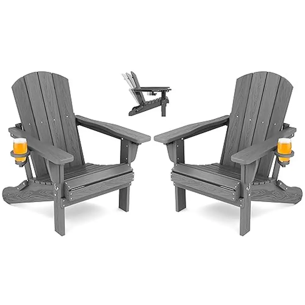 Portable Folding Adirondack Chair Set of 2 with Built-In Cup Holder and 3 Recline Positions All Weather Outdoor Patio Seating