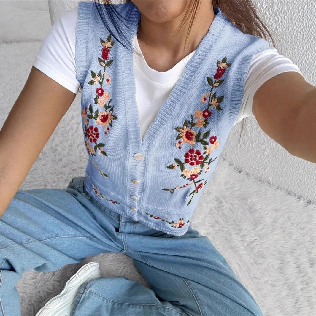 다용도 자수 니트 스웨터 여성용 탱크탑 오픈 가디건 단추 하나로 여닫는 다른 소재 00%