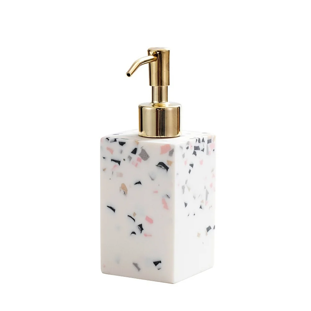 220ML Terrazzo Texture Soap Dispenser with Gold Plated 304 Stainless Steel Pump for Bathroom Counter Placement
