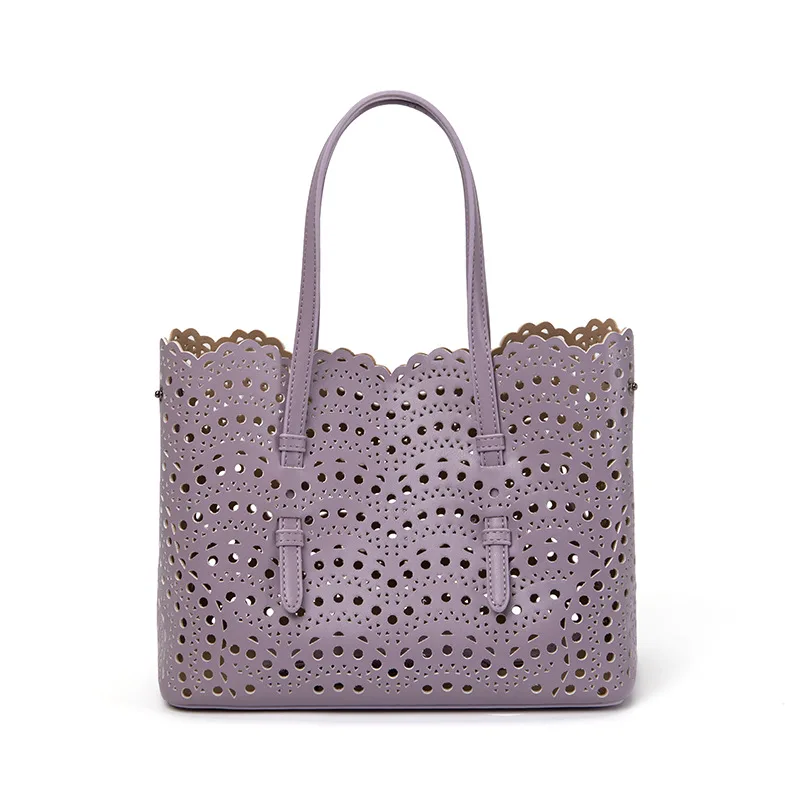Pastel Purple Floral Perforated Tote Bag Scalloped Rim Single Handle Hollow Out Large Capacity Women Daily Commute Shoulder Bag