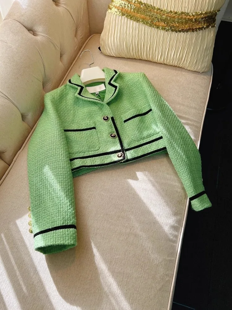 Fashion Ladies Spring Autumn Tweed Jacket Single Breasted Slim Fit Elegant Green Long Sleeve Women Short Coat Customized 10 Days