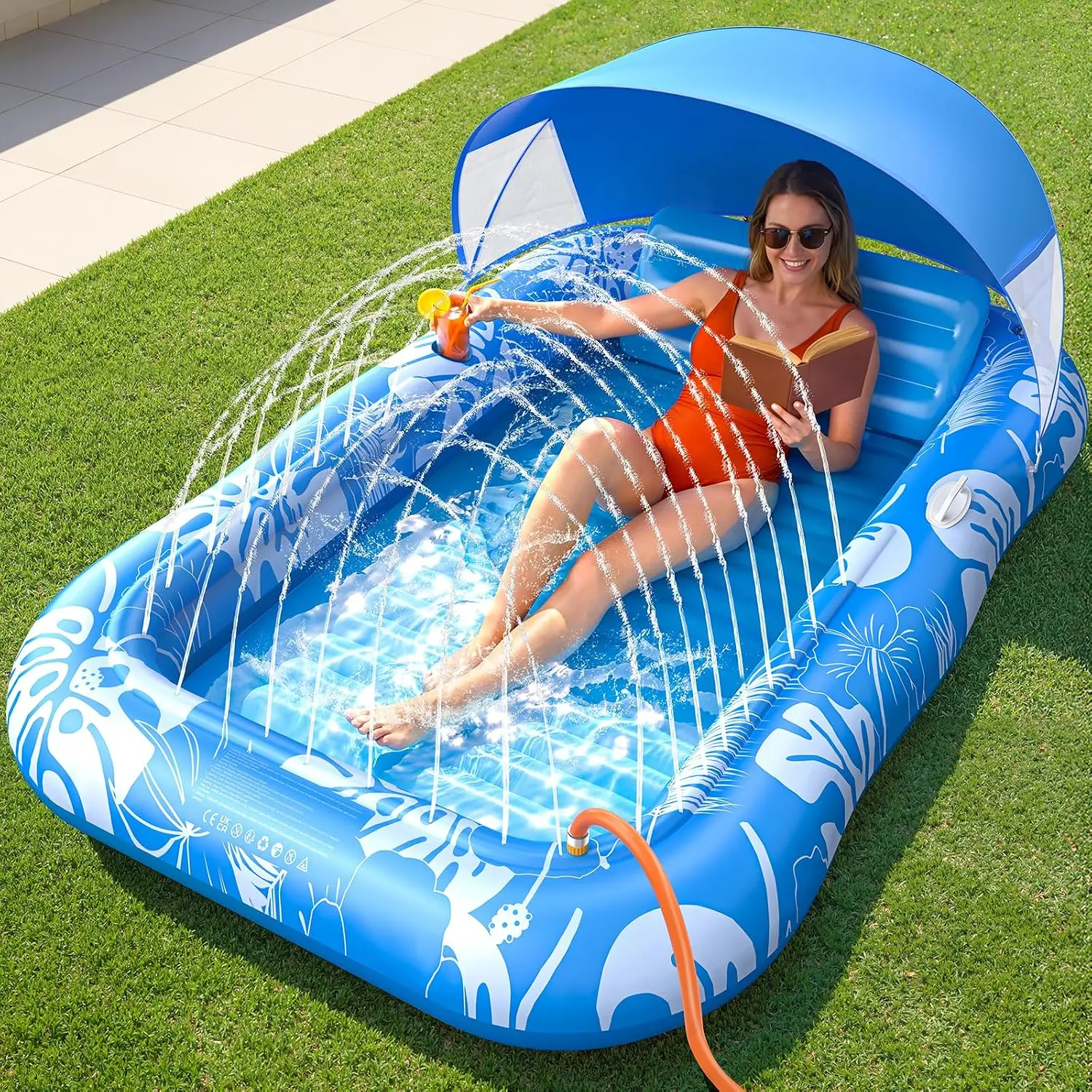 Inflatable Tanning Pool Lounger Float with Sprinkler & Canopy UPF50+, 77