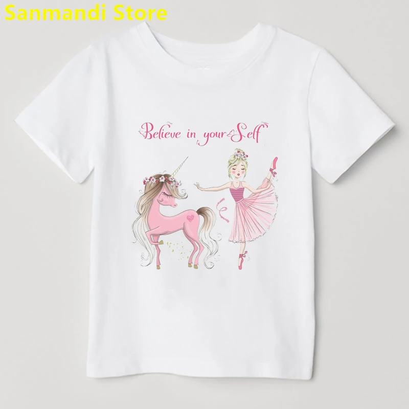 New Believe In Yourself Unicorn Graphic Print Tshirt Girls Kids Clothes Cute Ballet Lover T Shirt Girl Kawaii Children Clothing