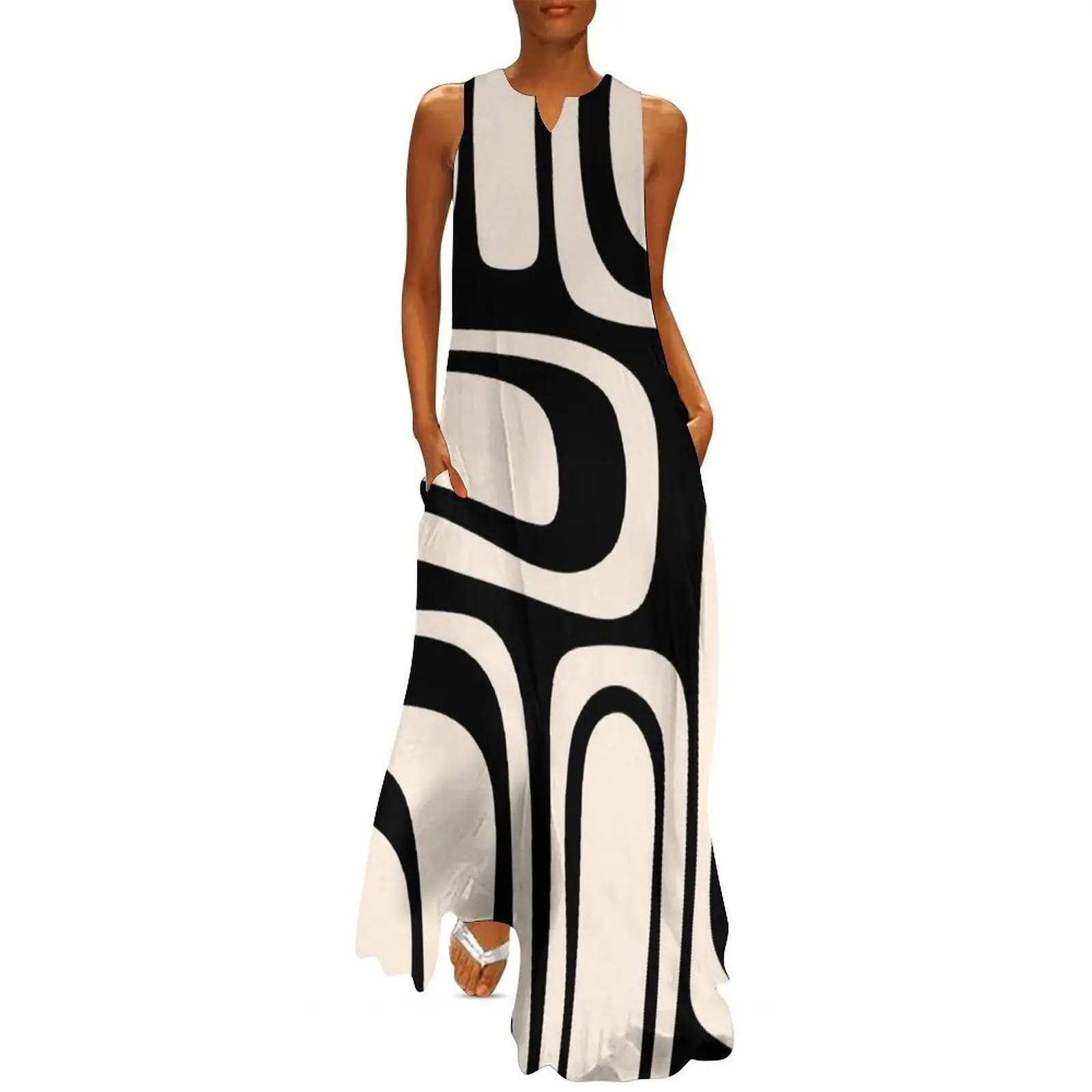 

Palm Springs Retro Midcentury Modern Abstract Pattern Black and Almond Cream Long Dress sexy dress summer dress womens 2024