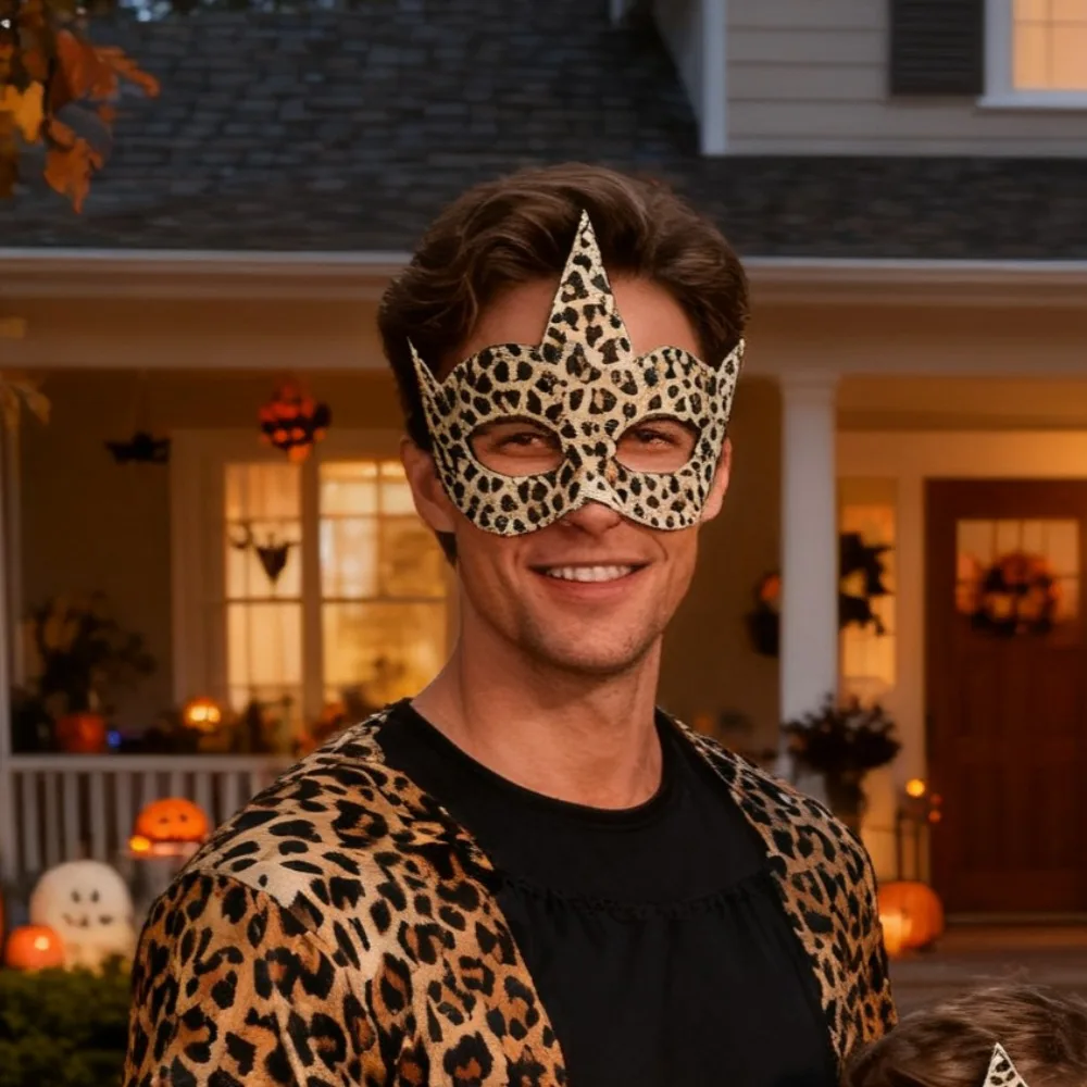 

Маска кошки Марди Гра с леопардовым принтом - маскарад черных глаз на половину лица для праздничного костюма и праздничного наряда