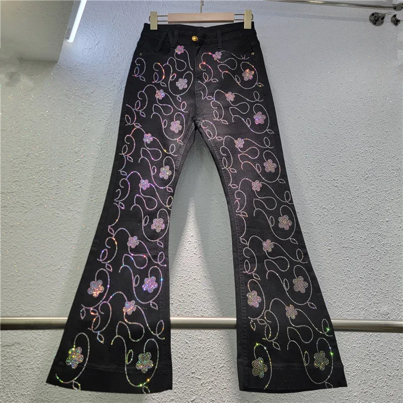 

Women Hot Drilling Flowers Diamonds Jeans Elastic Rhinestones Floral Flared Denim Pants Spicy Girls Slimming Cowboy Trousers
