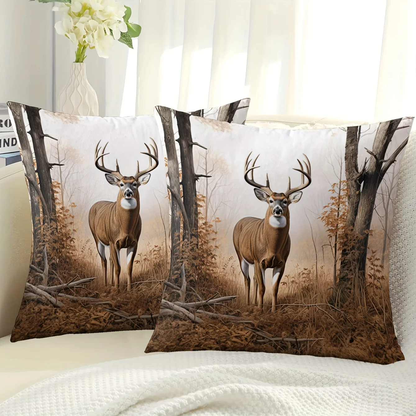 1pc 2D Flat (Pillow Not Included) Majestic White Tailed Deer Forest Cushion Cover Short Plush Wildlife Nature Decor Throw Pillow