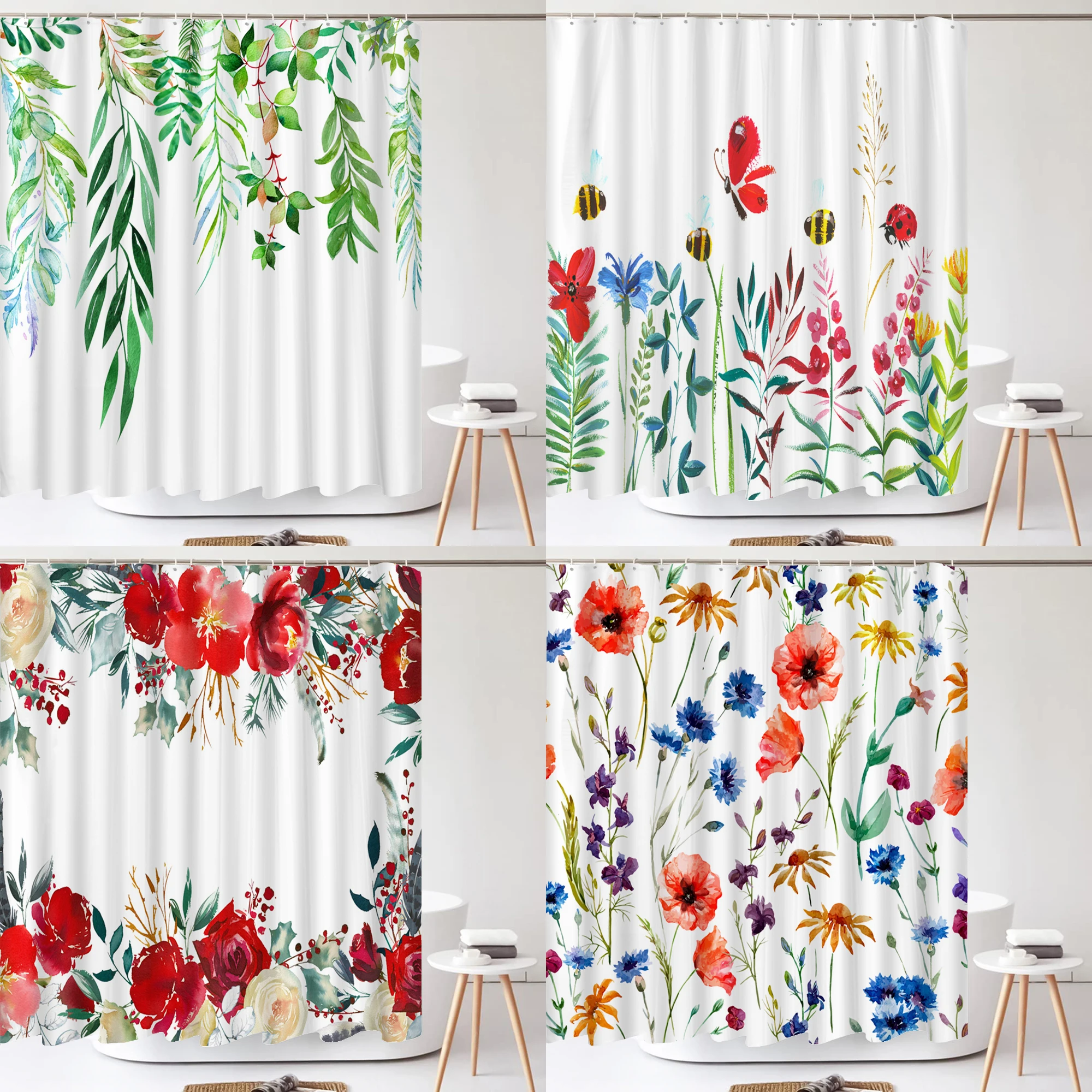 Green Leaves Plant Flower Butterfly Shower Curtain Watercolor Floral Waterproof Fabric Bath Curtains Bathroom Accessorie Decor