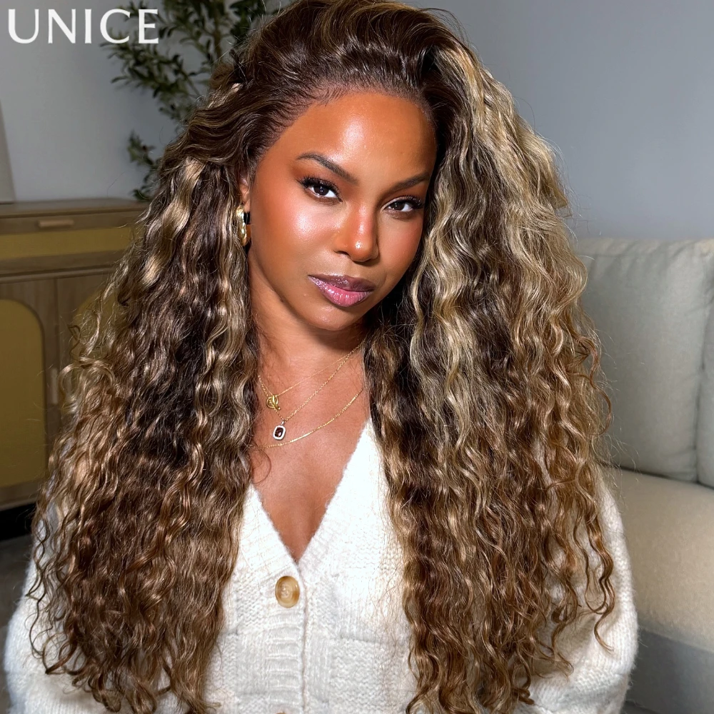 UNice Honey Blonde Highlights Water Wave Wig Side Part 13x4 Bye Bye Slip™ Lace Frontal Human Hair Wigs 150% Density
