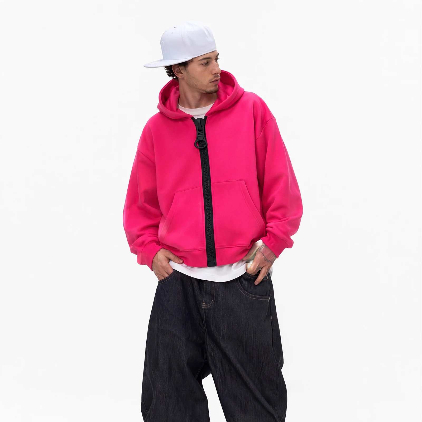 Colorblock Large Zipper Hoodie for Men American Streetwear Looped Pullover Winter Coat Cotton Oversized Hooded Sweatshirt