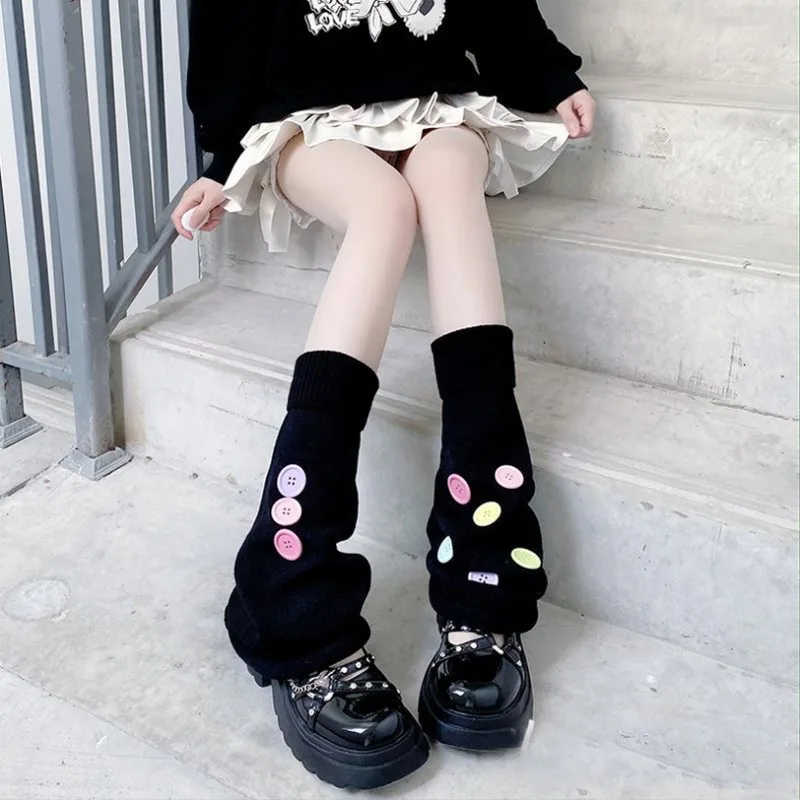 Colorful Button Leg Warmers for Women Knit Gothic Punk Harajuku Long Cable Flared Socks, JK Japanese Y2K Cute