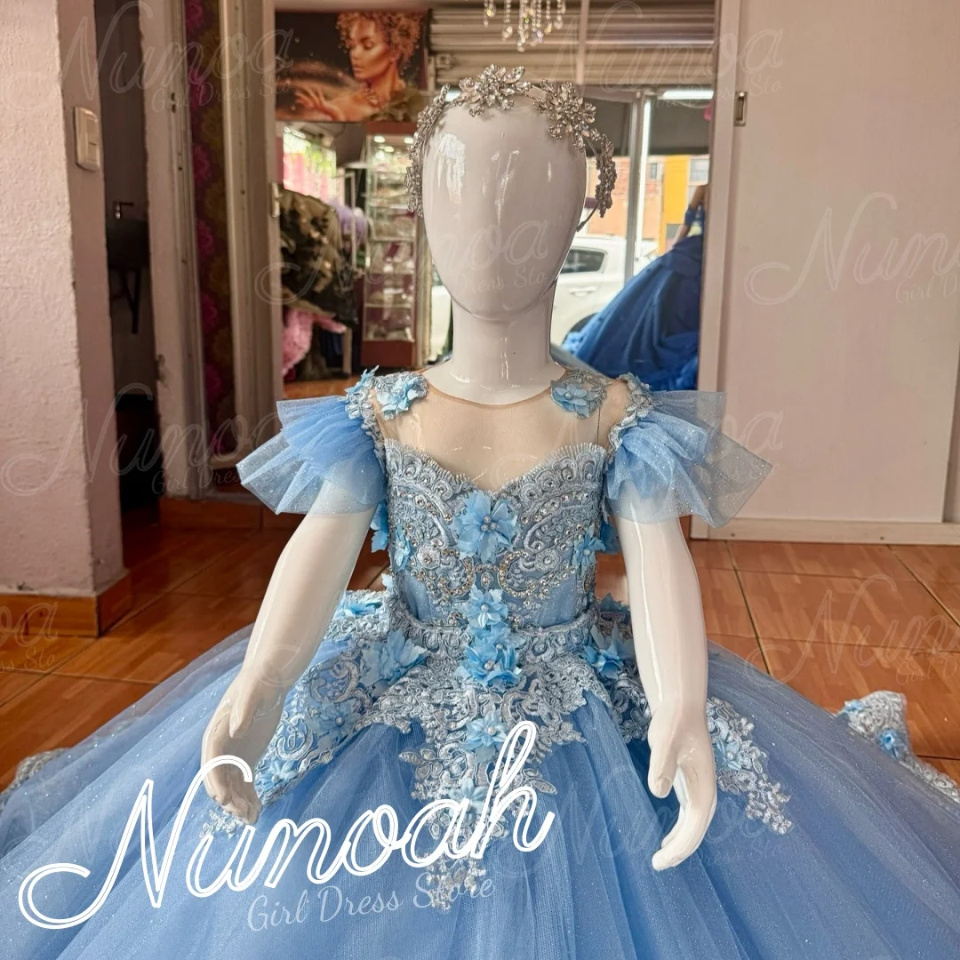 Blue Flower Girl Dress For Wedding Lace Appliques Girl Birthday for Photoshoot Floor Length First Communion Gowns Customized