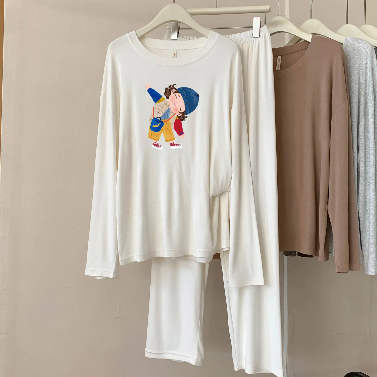 

A85 Modal Pajamas Women's Spring and Autumn New Casual Round Neck Long Sleeve Plaid Breathable Homewear Set