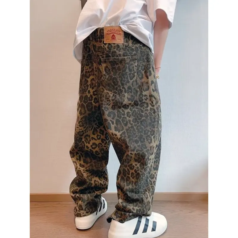 الخريف تان ليوبارد الجينز الرجال الدنيم السراويل الذكور كبيرة الحجم واسعة الساق السراويل الشارع الشهير الهيب هوب خمر فضفاض عادية الحيوان طباعة #2