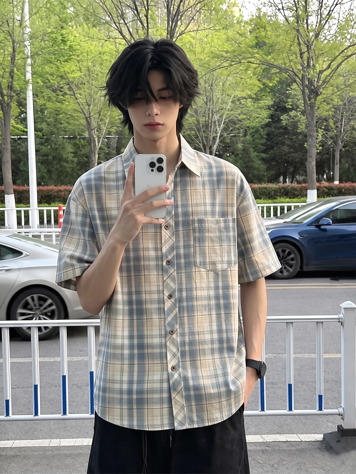 American Retro Plaid Short Sleeve Casual Loose Shirt for Men Summer Cleanfit Half Sleeve Outerwear Breathable Comfortable You...