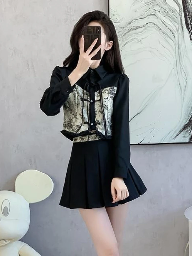 

Ретро новый китайский стиль пряжка кисточка тушь живопись жаккардовая классическая рубашка с высокой талией плиссированная юбка комплект из двух предметов