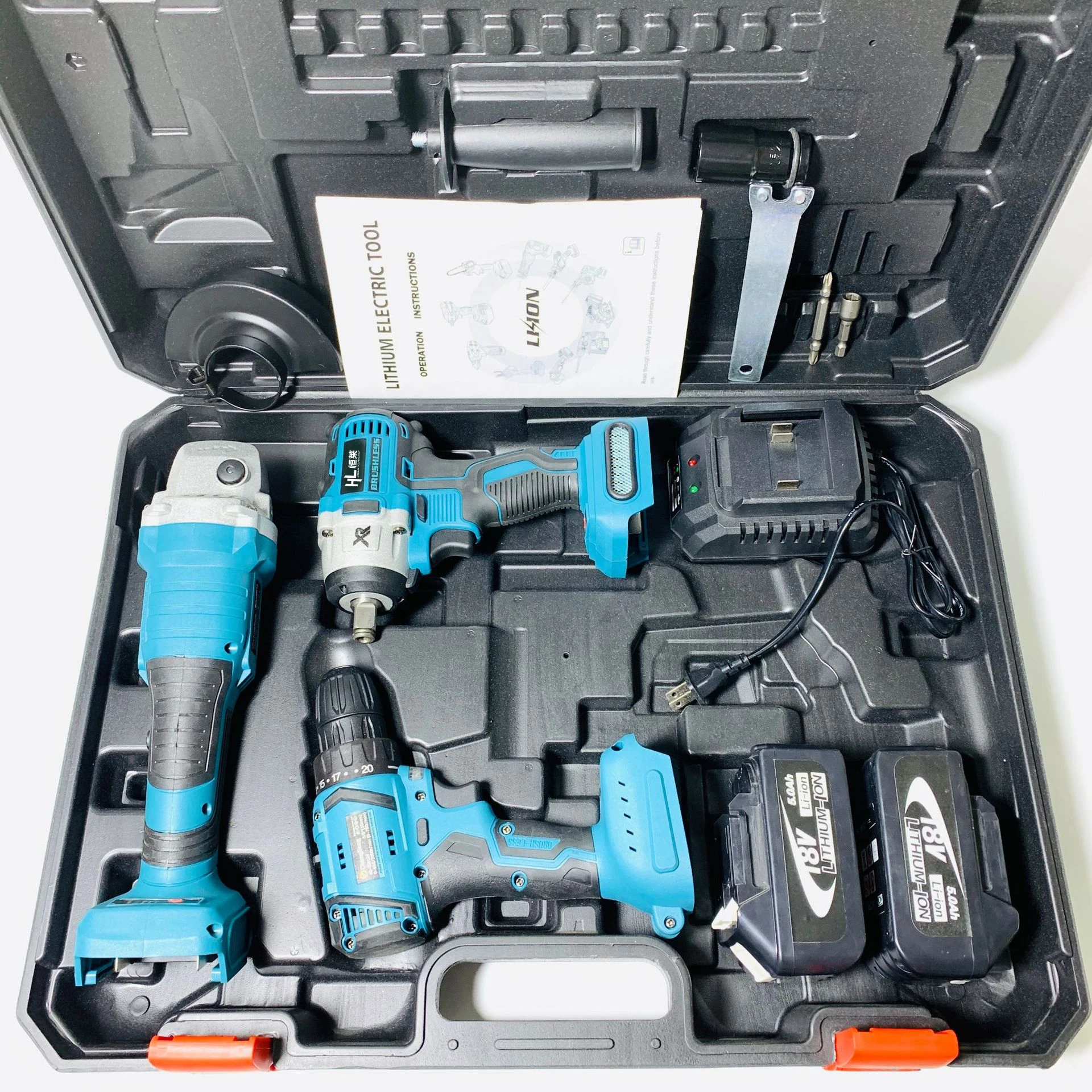 HENGLAI Stock!!! Big Discount !!! 20V Brushless Drill Set 3 in 1 Battery Power Cordless Tools Combo Set