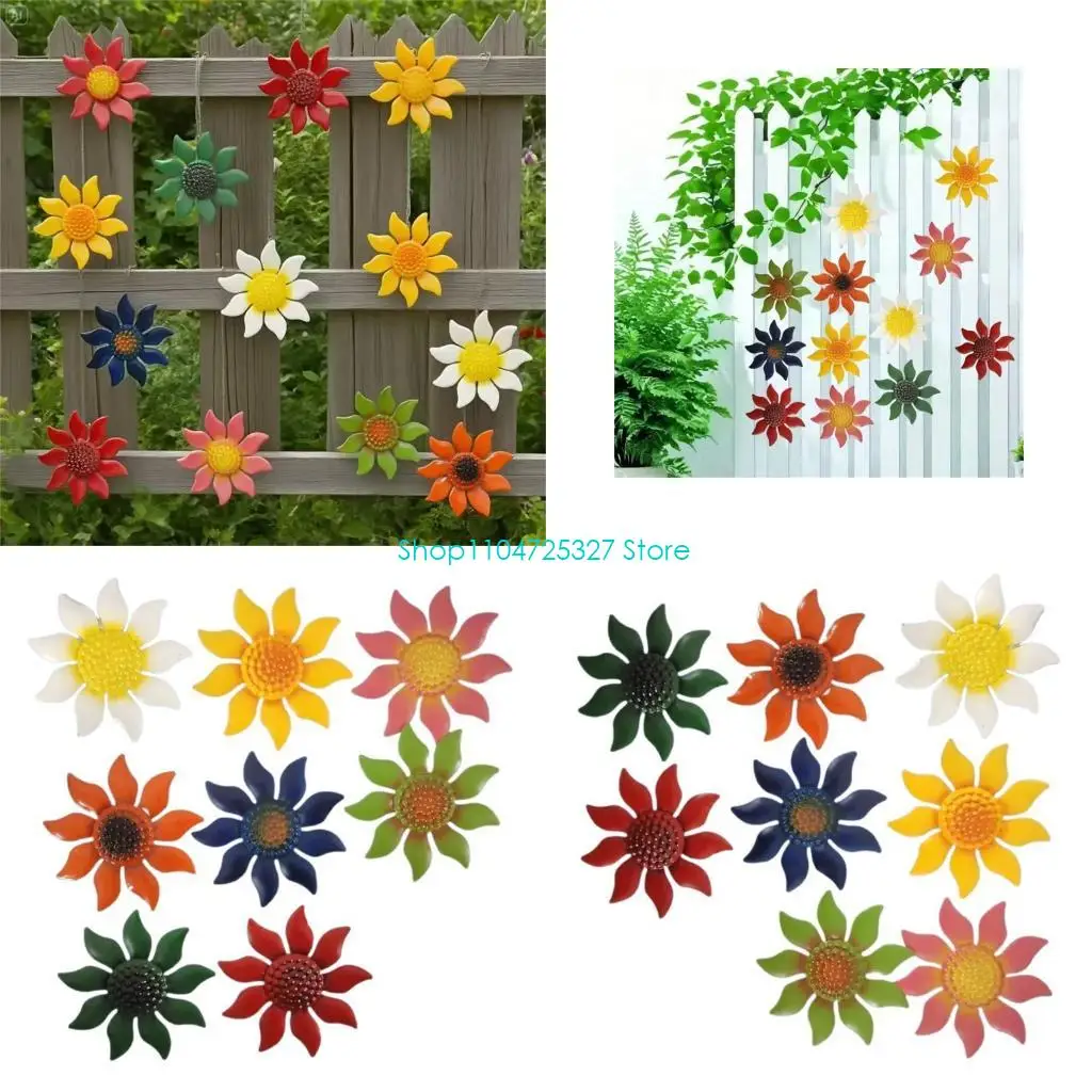 D8KF 3D Metal Flower Wall Art 8 Item Set, Treated Assorted Flower Figures for Outdoor Display, Garden Fence, Porch, Entry, and