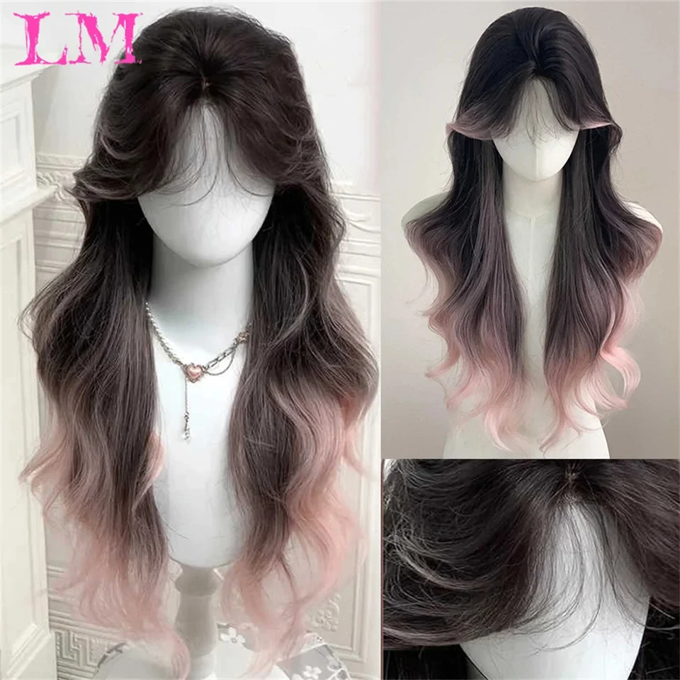 

LM Light Pink Synthetic Hair Wigs Long Wavy Natural Hair Wigs with Bangs for Women Cosplay Lolita Wig Heat Resistant