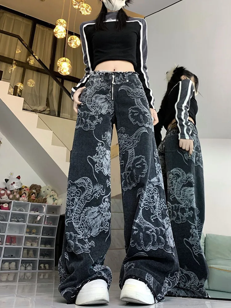 High street dragon pattern print design high waisted jeans women autumn and winter personalized graffiti straight wide leg pants