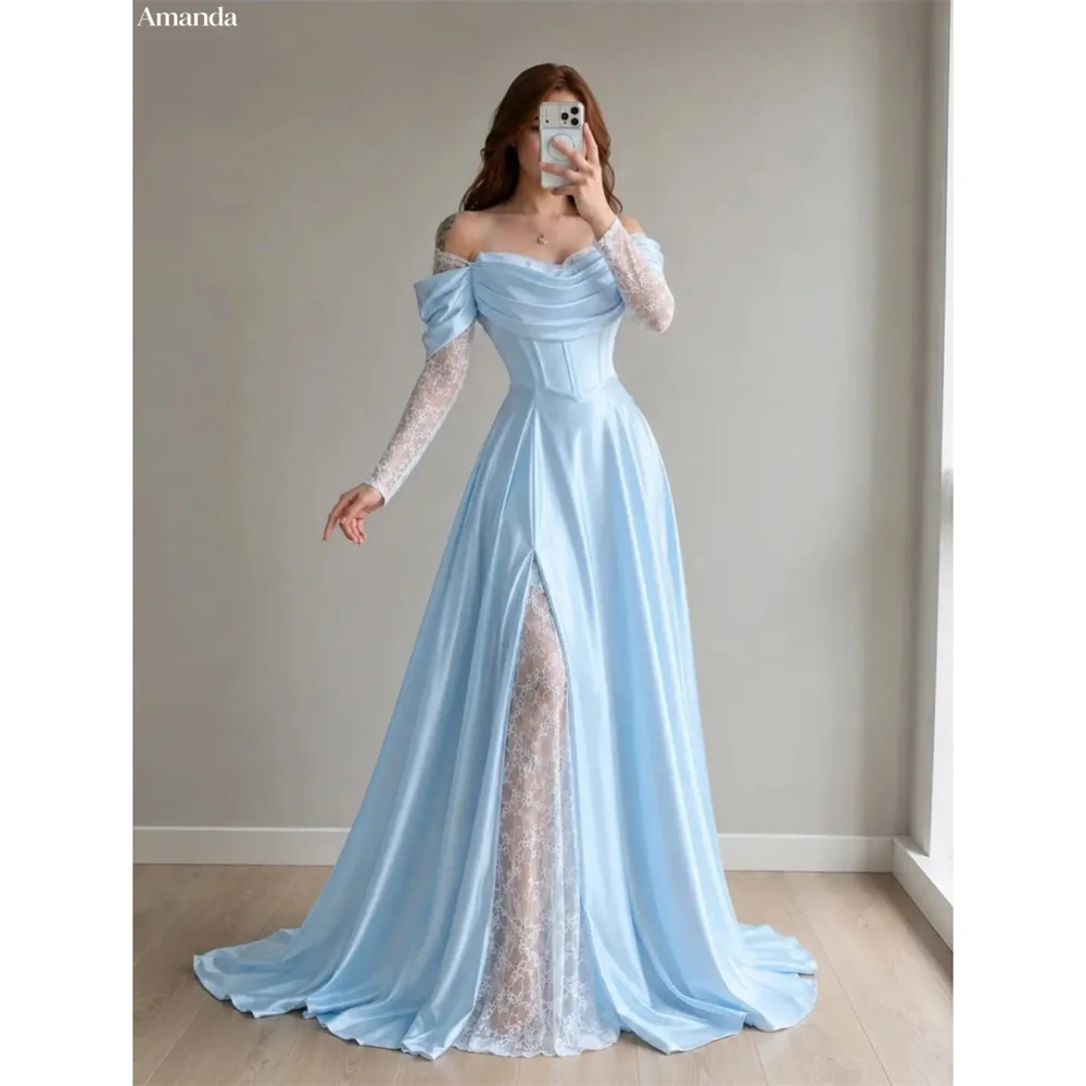 Amanda Customizd Off‑the‑shoulder Lace Long Sleeve Satin A‑line Evening dress Prom dress High Side Split Satin Dreamy Gala gowns