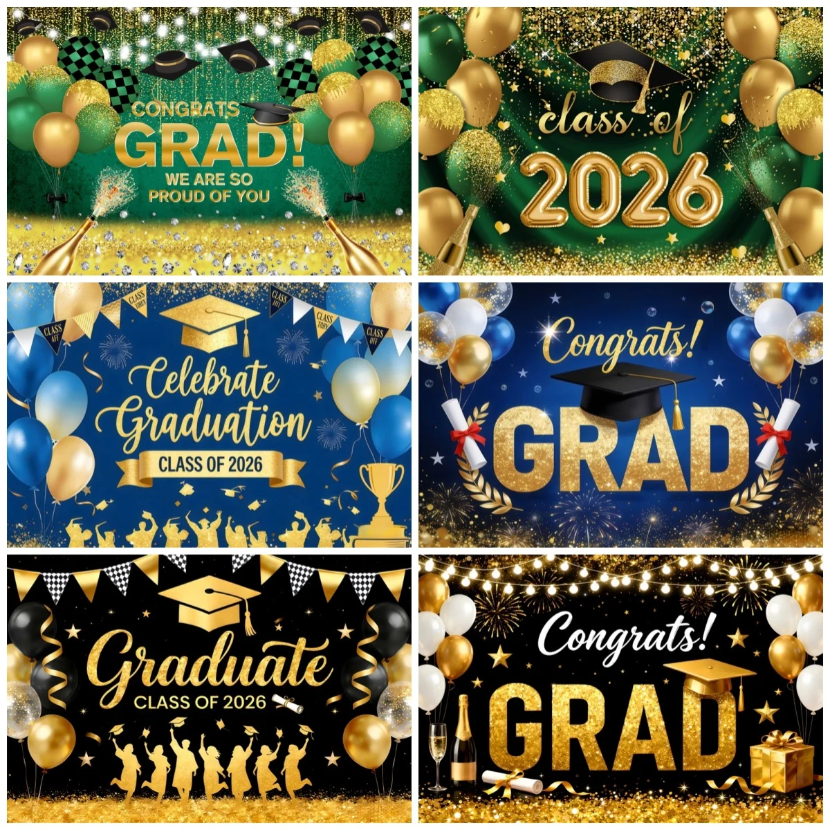 Cenários Fotográficos para Formatura Turma de 2026: Parabéns, Formado! Balão com Glitter, Capelo e Diploma – Fundos para Retratos de Festa de Formatura