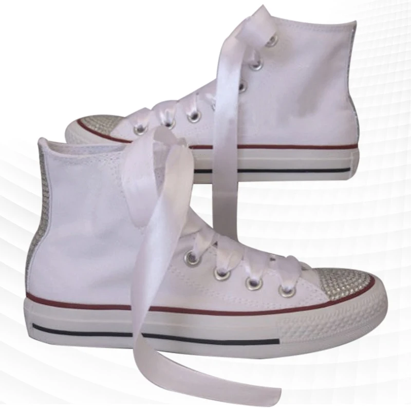 Large size high top rhinestone Ribbon wedding party canvas shoes handmade custom white comfortable sports women's shoes 35-46