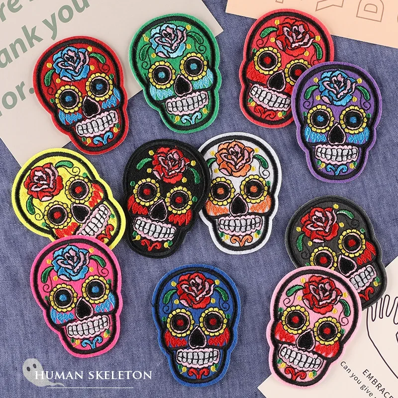 Mexican Style Skull Embroidered  Patch Iron on Patches for Clothes Punk Rock Stickers Jackets Jeans Backpacks Ornament Appliques