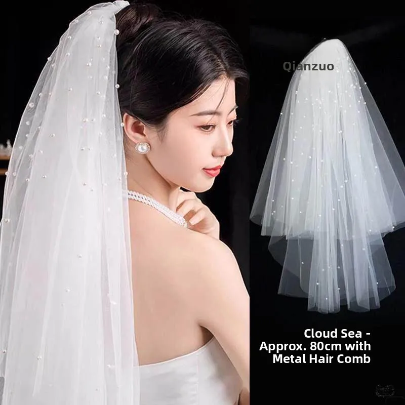 White Wedding Veil Headwear Engagement Photo Prop Bride Short Puffy Wedding Dress Ladies' Headpiece Sanitary Gloves Protection