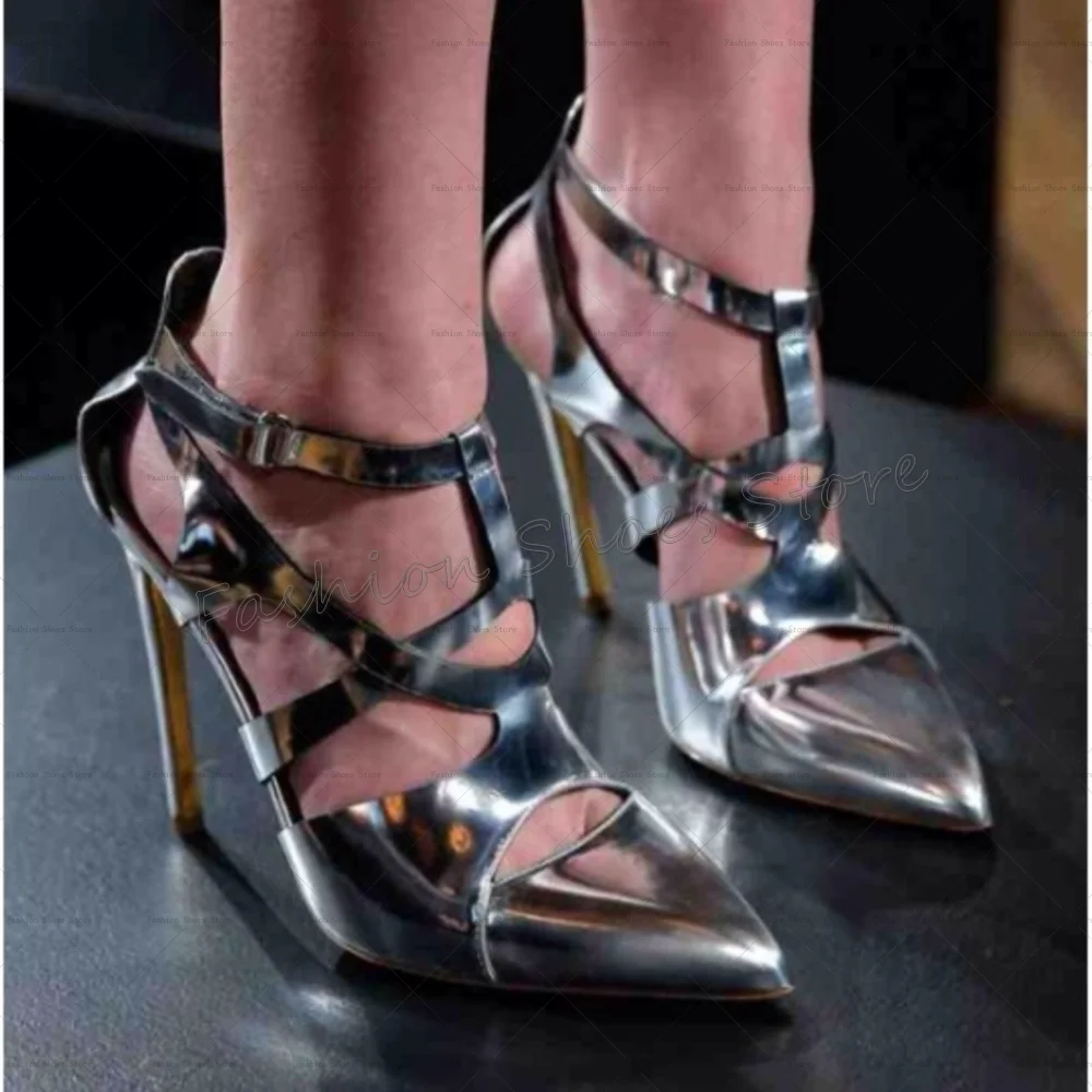 

Silver Pointed Toe Hollow Out Sandals Patent leather Women Shoes Thin High Heels Party Banquet Dating 2025 Zapatos Para Mujere