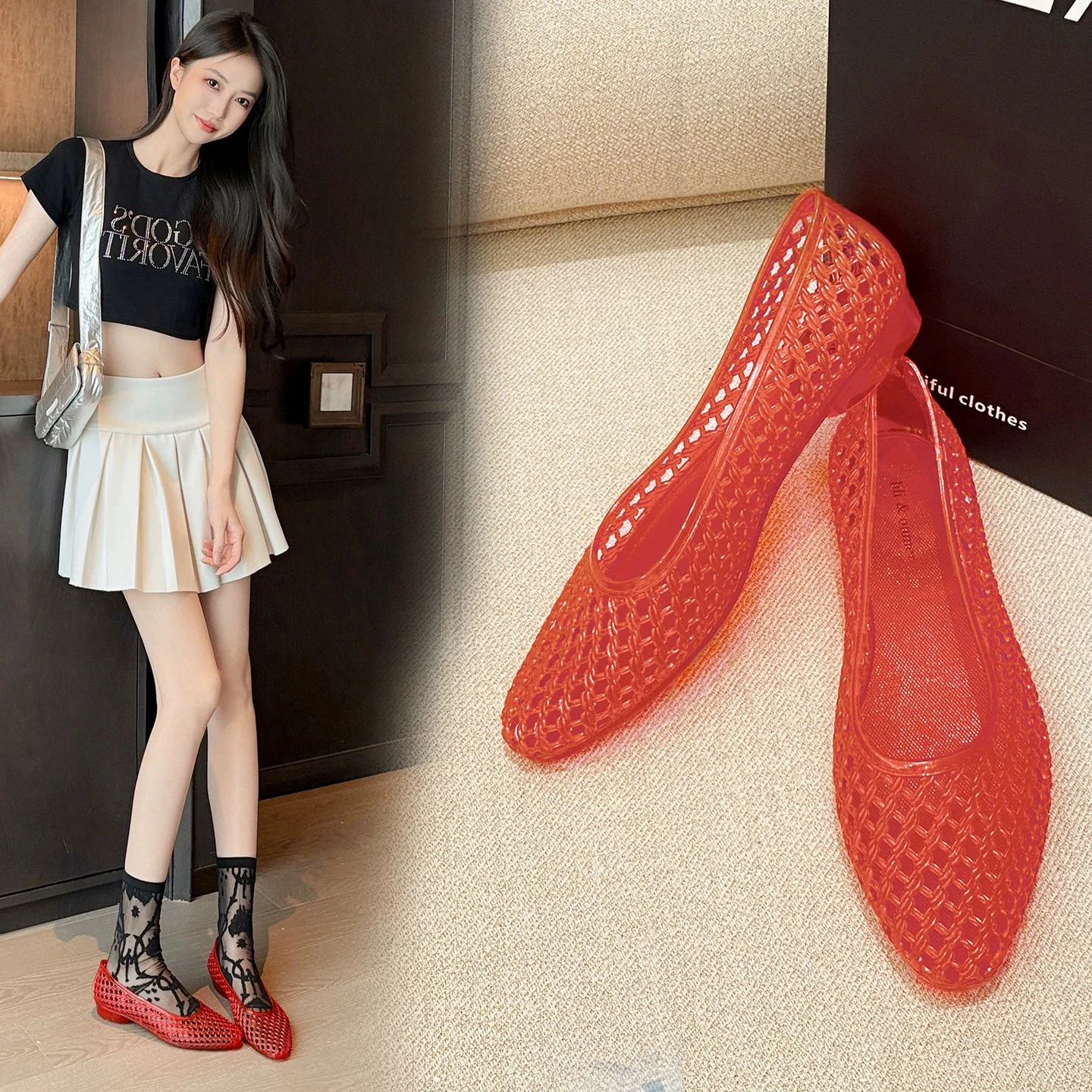Transparent Crystal Hollow out Sandals Women's Summer Flat Shoes Korean Style PVC Material Waterproof Sharp Pointed Toe
