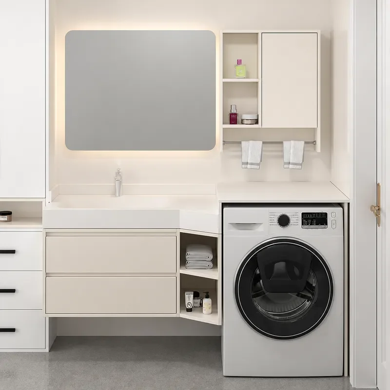 Rock Slab Hot Bending Integrated Basin Bathroom Cabinet Corner Washbasin Hand Washbasin Narrow Washing Machine Cabinet Combo