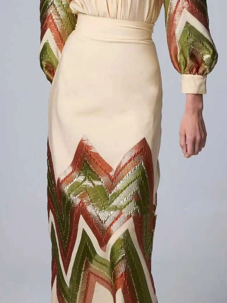 Vintage Contrast Color Commute 2 Piece Sets Sexy V-neck Lantern Sleeve Tops&Skirts Sets Temperament High Waist Half Skirts Suits