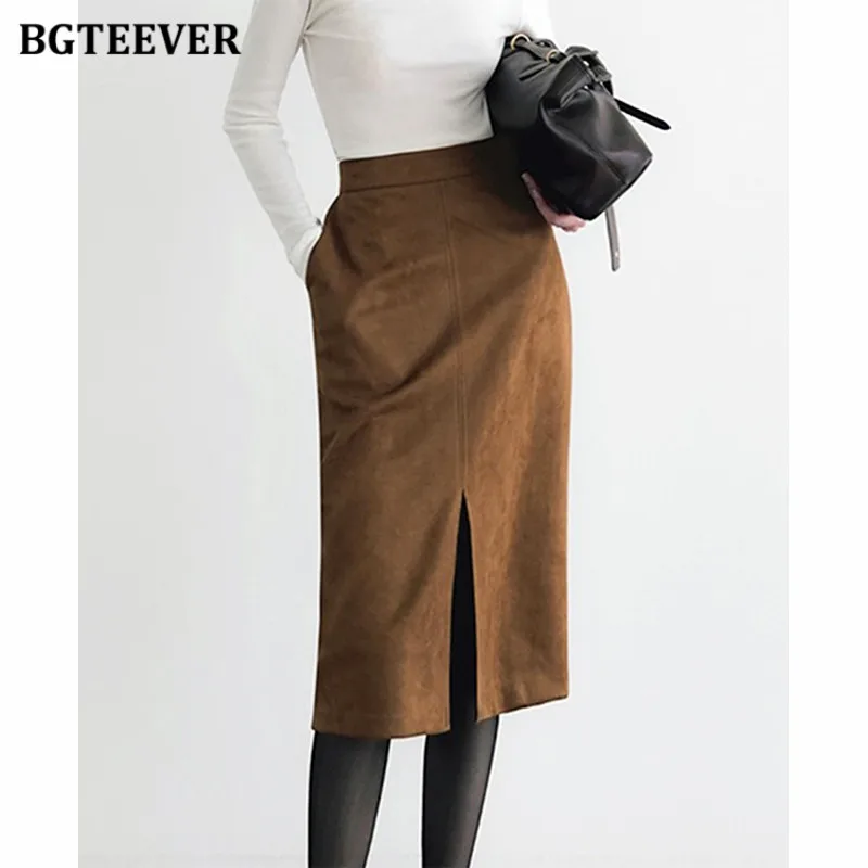 

BGTEEVER Элегантные женские юбки с разрезом на бедрах, осенние тонкие замшевые юбки-миди для женщин