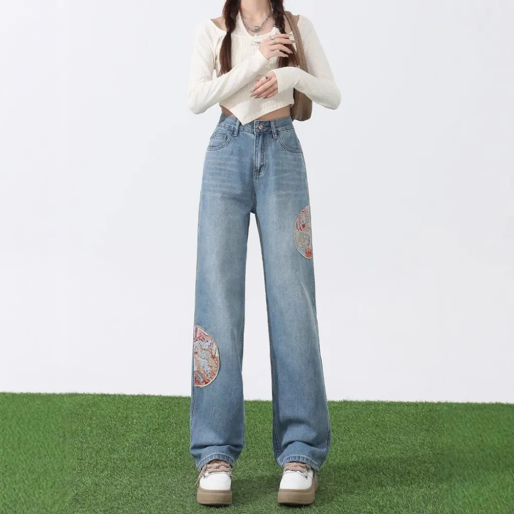 

Светло-голубые широкие брюки с вышитым драконом, прямые свободные брюки, весна-осень, Новое поступление, женские модные джинсы