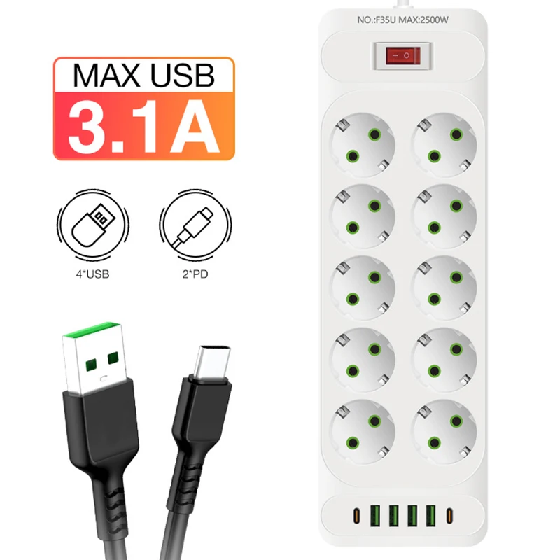 EU Plug Power Strip AC Outlet Multitap Extension Cord Electrical Socket With 4 USB Ports Fast Charge Multiprise Network Filter