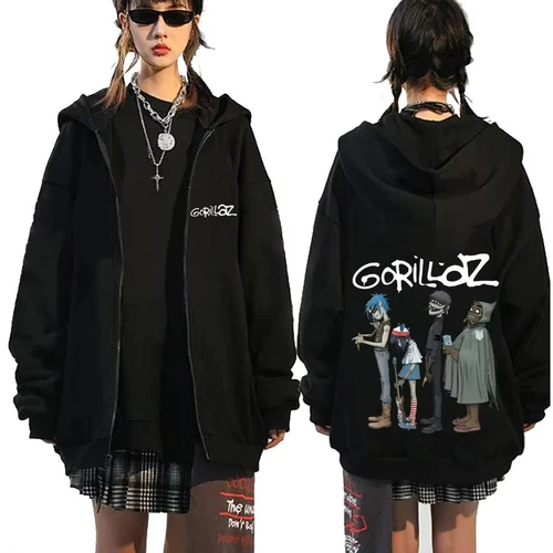 Sudadera con capucha con cremallera gráfica de la banda de Rock alternativa Gorillaz para hombre y mujer, chaqueta con cremallera a la moda de Hip Hop, sudadera informal de gran tamaño con cremallera