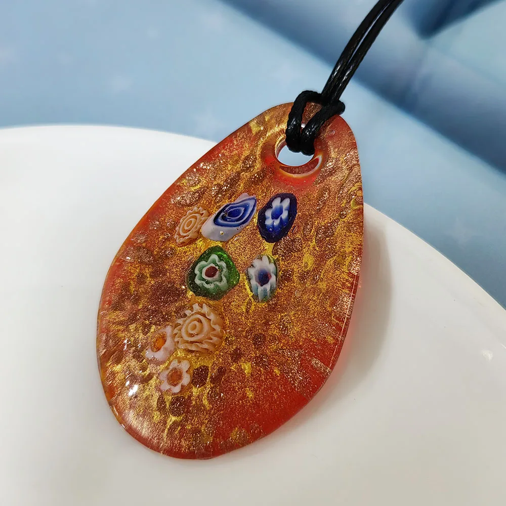 1pcs Fashion Elliptical Water Drop Golden Sand Inner Flower Glass Murano Pendant Necklace for Women, Affordable Price