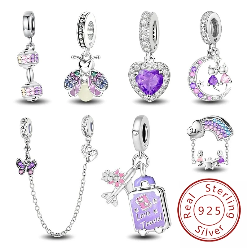 

925 Sterling Silver Love Heart Flower Purple Series Safety Chain Charm Beads Fit Original Pan Bracelets Bangles Jewelry Gift