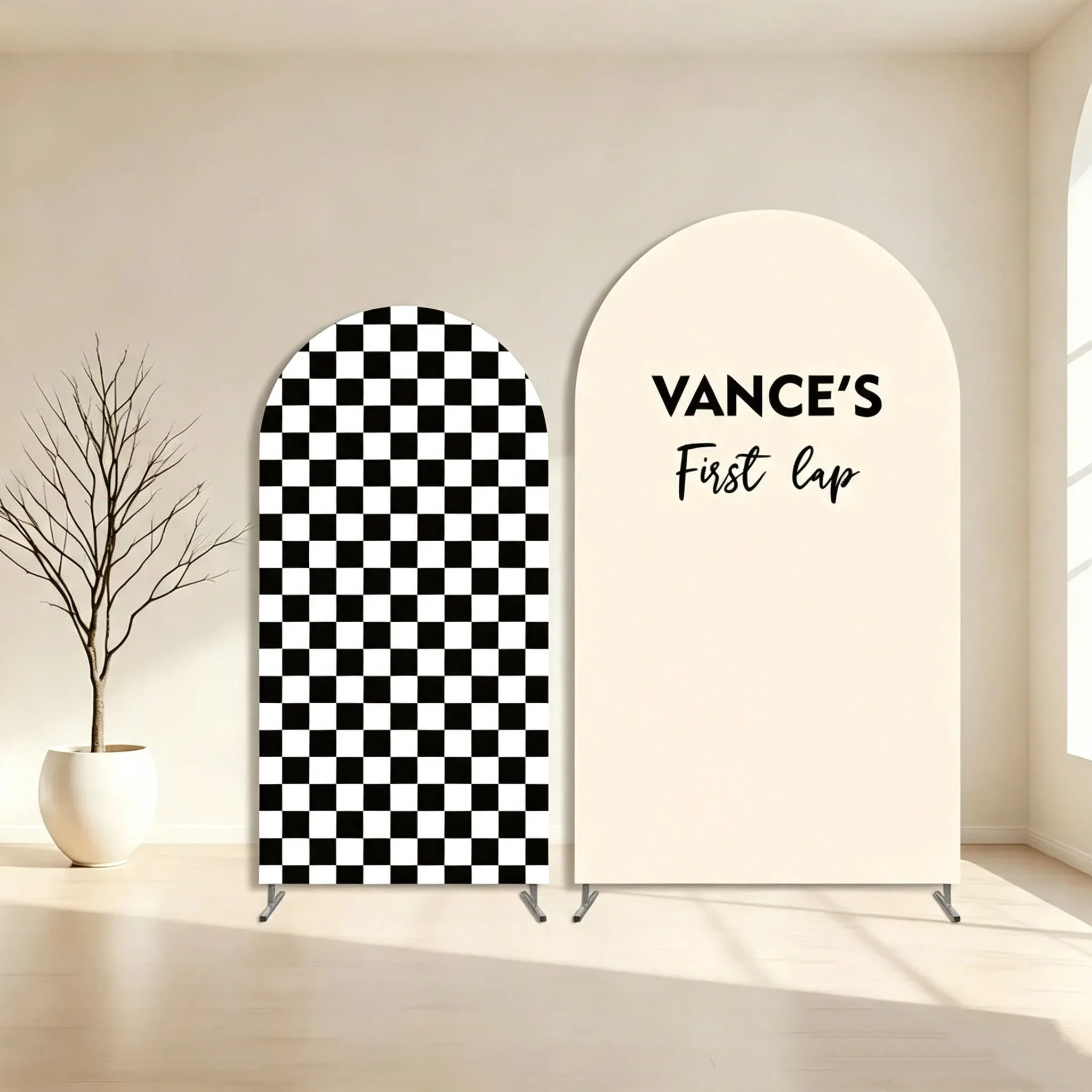 Custom Double-Sided Racing Car Baby Shower Arch Backdrop Cover Black White Check Diy Name Birthday Party Photobooth Background