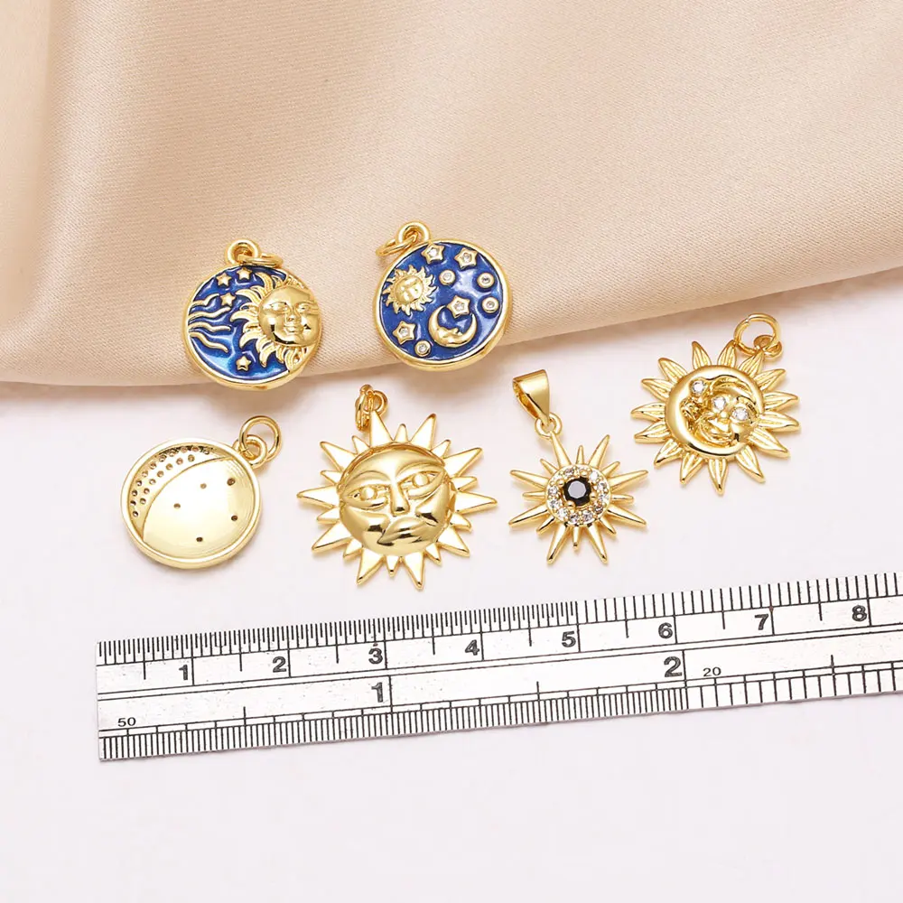OCESRIO Blue Enamel Starry Sky Pendant for Necklace Copper Gold Plated Crystal Sun Moon Handmade Jewelry Making Supplies pdta222