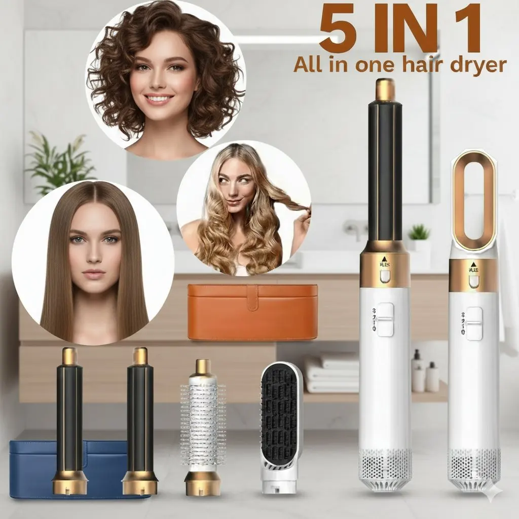 5 In 1 Professional Hair Dryer Hot Air Comb Brush With Curling Iron And Hair Straightener For Salon Quality Hair Styling