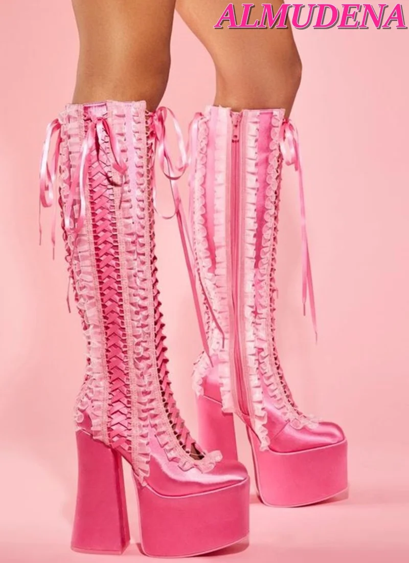 Pink Satin Ruffles Platform Boots Women Chunky Heel Round Toe Lace up Heels Knee High Boots Luxury Lolita Y2k Big Size Shoes