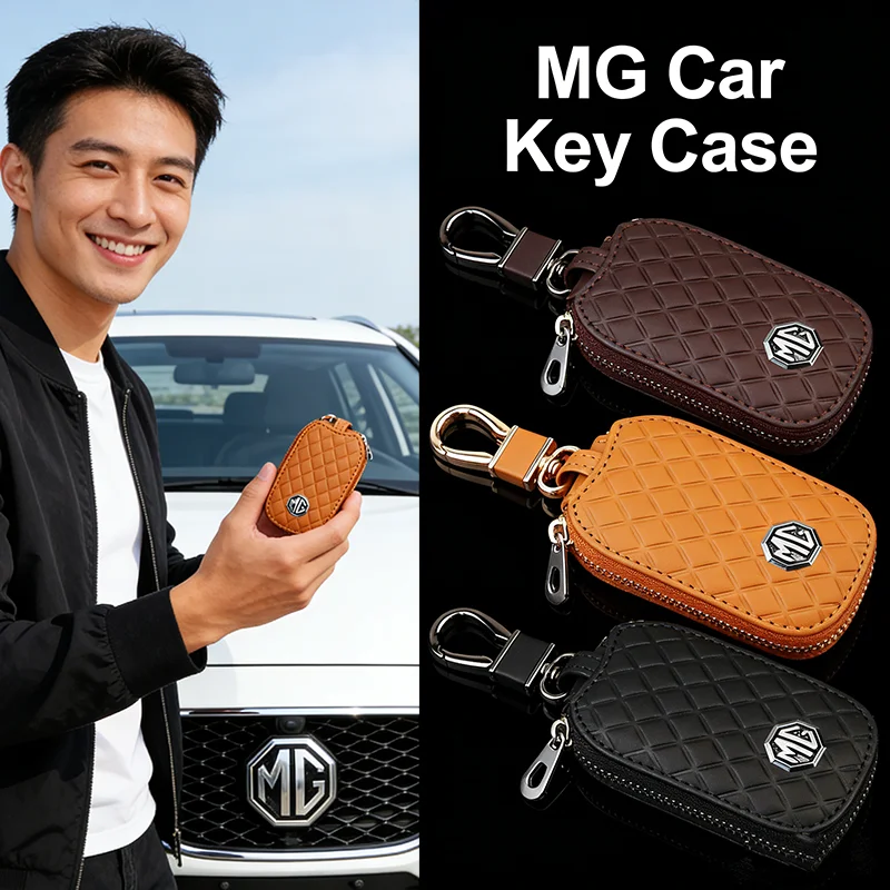 

For MG Car Key Case Leather Car Key Holder with MG Logo Quilted Leather Keychain Wallet Auto Keyring Cover for MG5 MG6 MG7 ZS HS